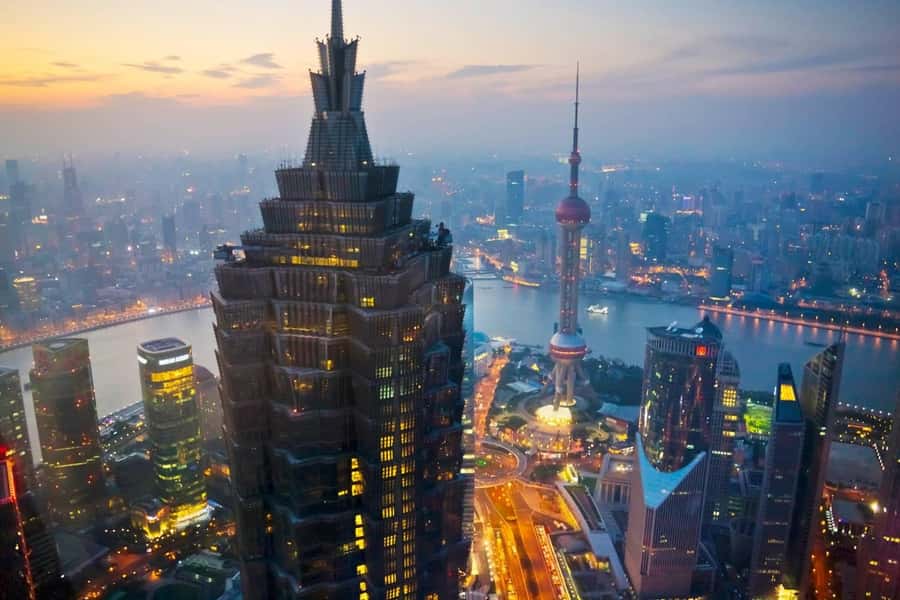 Shanghai Jinmao Tower 88th floor sightseeing hall - The glass curtain wall and Shanghai from above